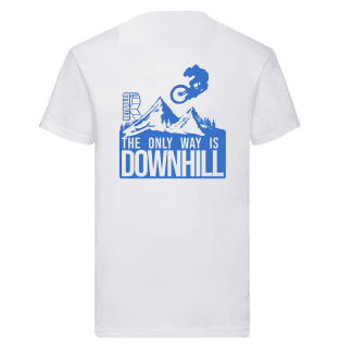 Everybody wants to go downhill MTB T-shirt blue print on a white T-shirt